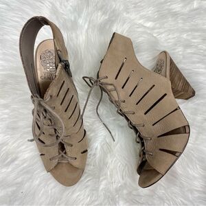 Vince Camuto tan open toe heel sandal 6.5 M Laced-up, sling back.